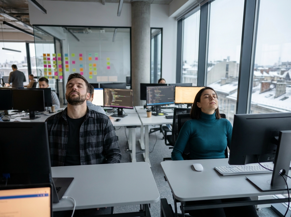 Deux développeurs faisant des exercices de repos pour les yeux dans un bureau moderne en open space durant l'hiver