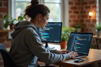 Développeuse web travaillant sur du code CSS Flexbox pour égaliser des hauteurs de colonnes sur son ordinateur portable dans un bureau moderne