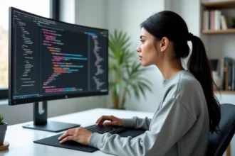 Développeuse web concentrée analysant du code CSS sur un grand moniteur avec des guides de mise en page pixel perfect dans un bureau minimaliste