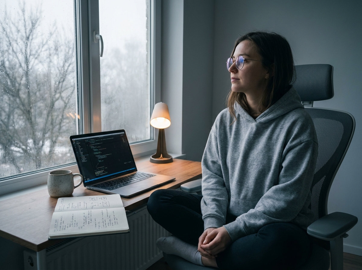 Développeuse portant des lunettes et regardant par une fenêtre en hiver