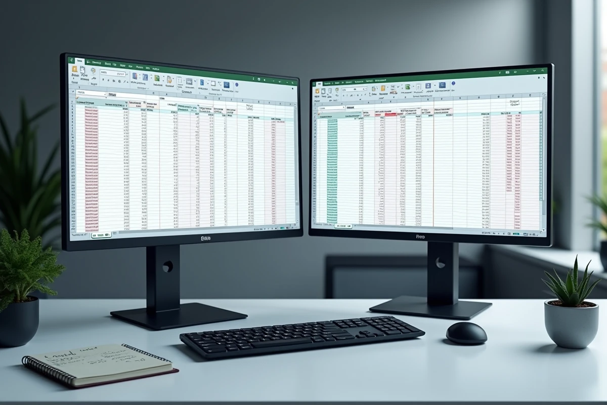 Station de travail avec deux écrans affichant des feuilles Excel comparées avec mise en évidence des doublons en couleur