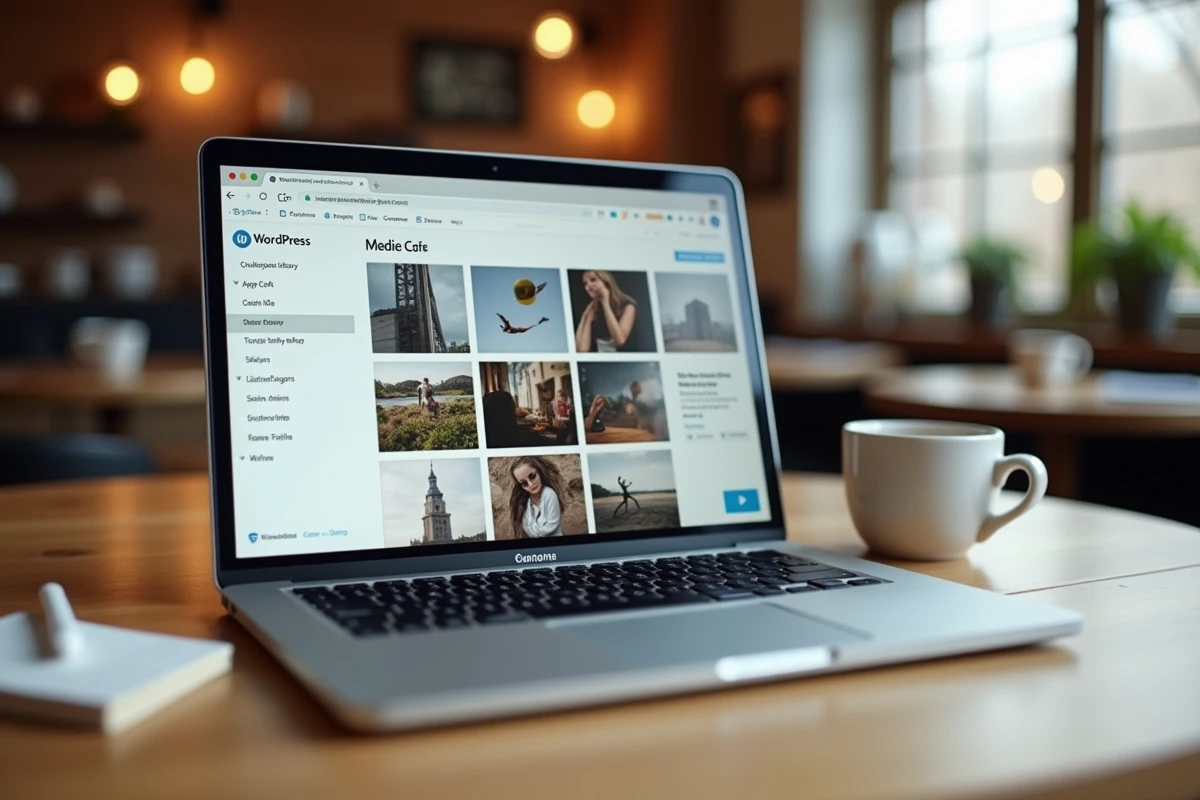 Écran MacBook affichant la bibliothèque de médias WordPress avec une photo sélectionnée prête à être insérée dans un article