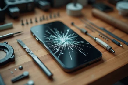 Écran iPhone 11 fissuré posé sur un établi de réparation avec des outils de remplacement