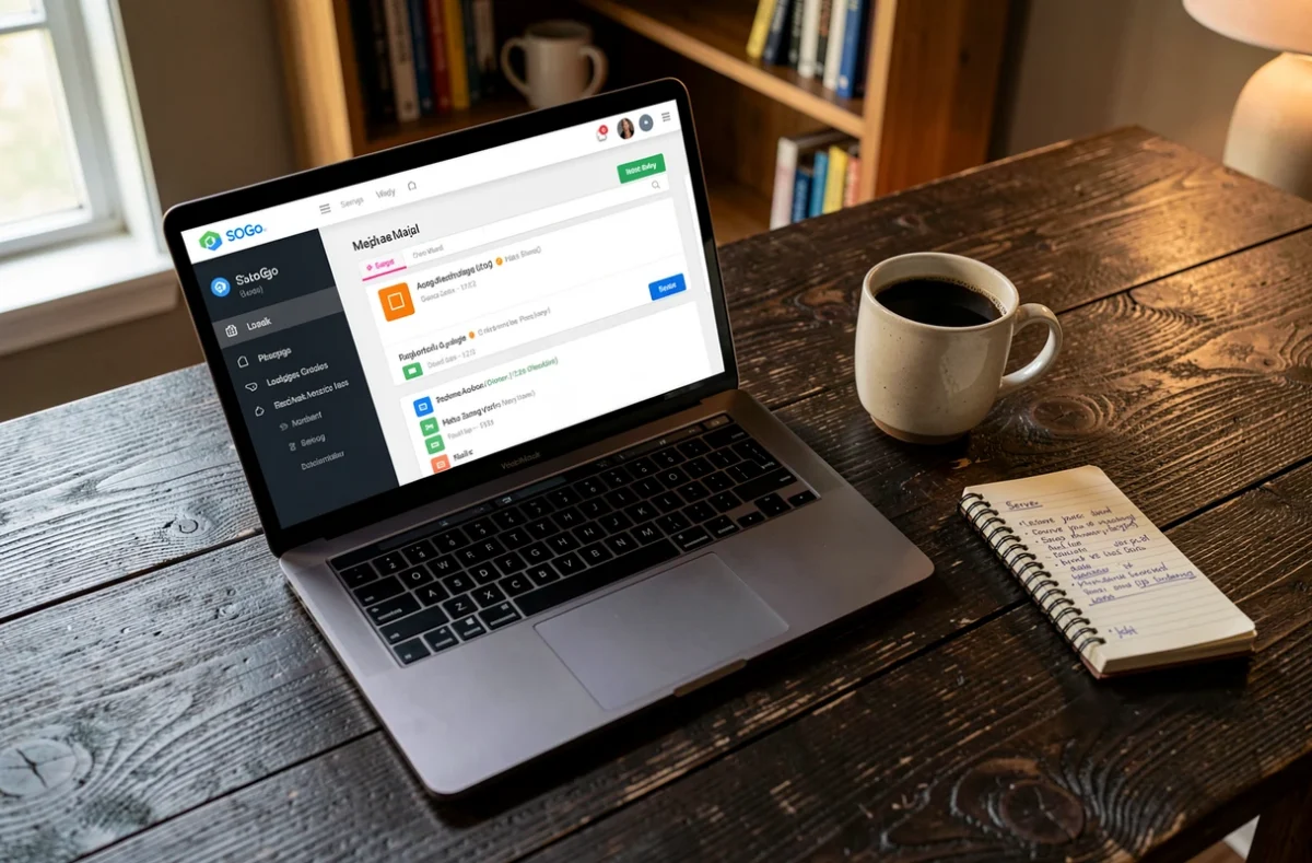 Écran d'ordinateur portable affichant l'interface SOGo Webmail avec des indicateurs de chargement sur un bureau en bois sombre