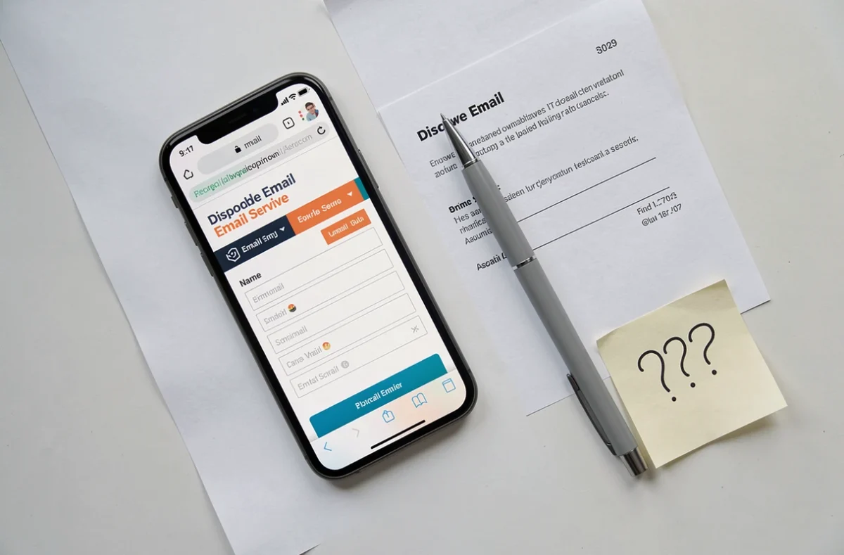 Vue aérienne d'un bureau avec smartphone affichant un service d'email jetable, formulaire papier et stylo illustrant la question de confiance envers les emails temporaires