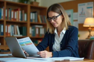 Enseignante utilisant Excel pour calculer des moyennes sur des bulletins de notes imprimés à son bureau scolaire