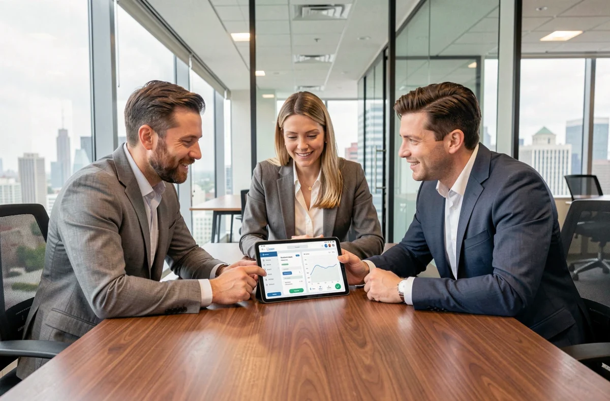 Équipe commerciale analysant une application mobile de gestion des ventes lors d'une réunion en salle de conférence
