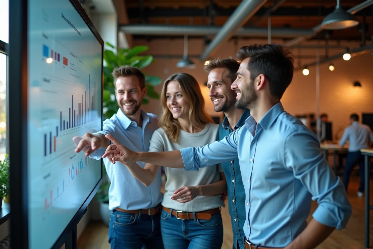 Groupe de trois personnes analysant des données sur un écran interactif