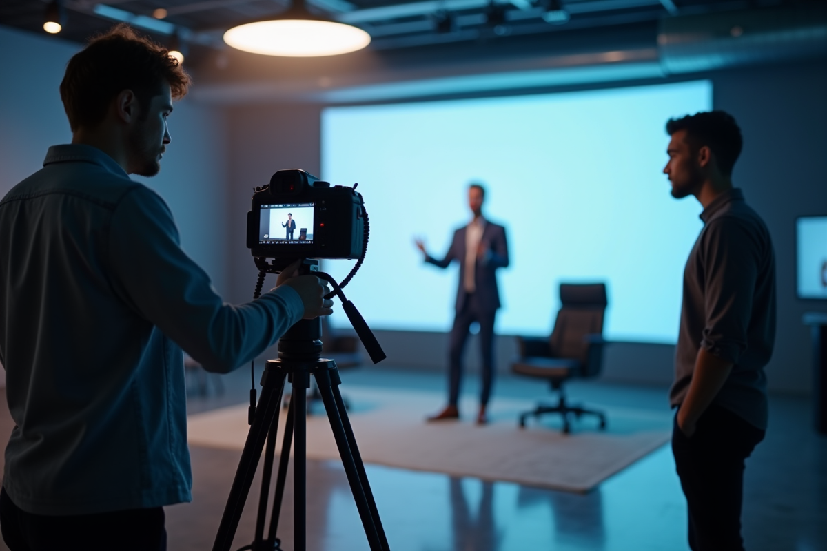 Equipe créative filmant une présentation en studio moderne