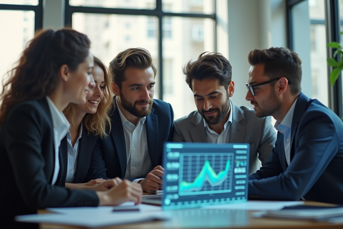 Groupe de professionnels analysant des données de chatbot en réunion