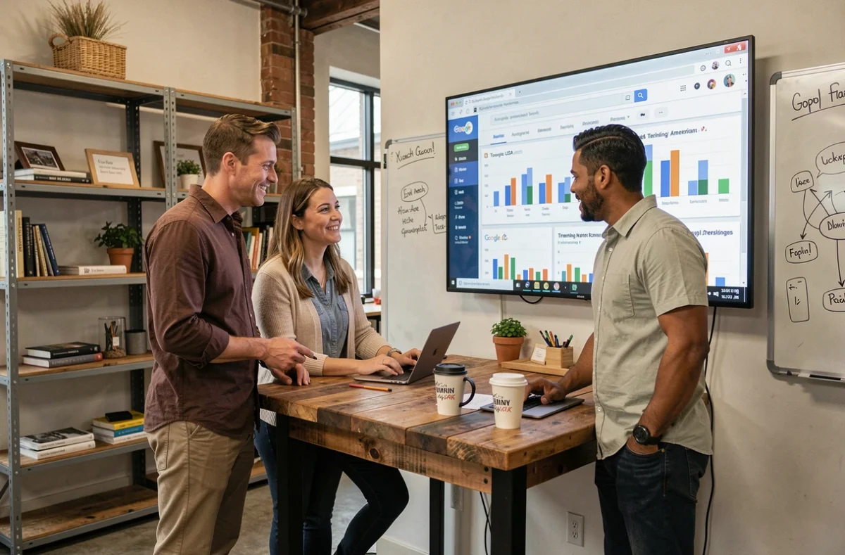 Équipe de professionnels en startup analysant les tendances technologiques américaines via Google USA dans un espace de coworking à Austin