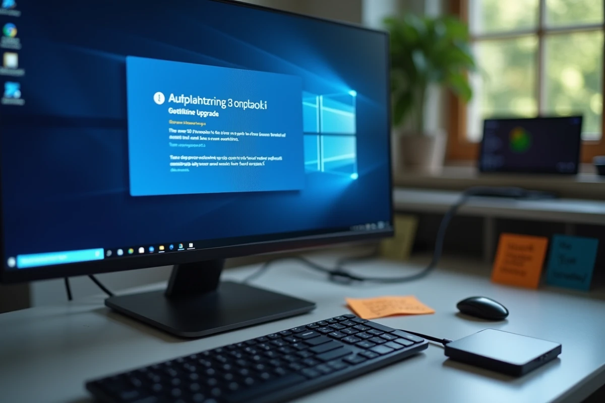 Écran d'ordinateur affichant un message d'erreur lors d'une mise à niveau Windows 10 hors ligne avec disque dur externe connecté