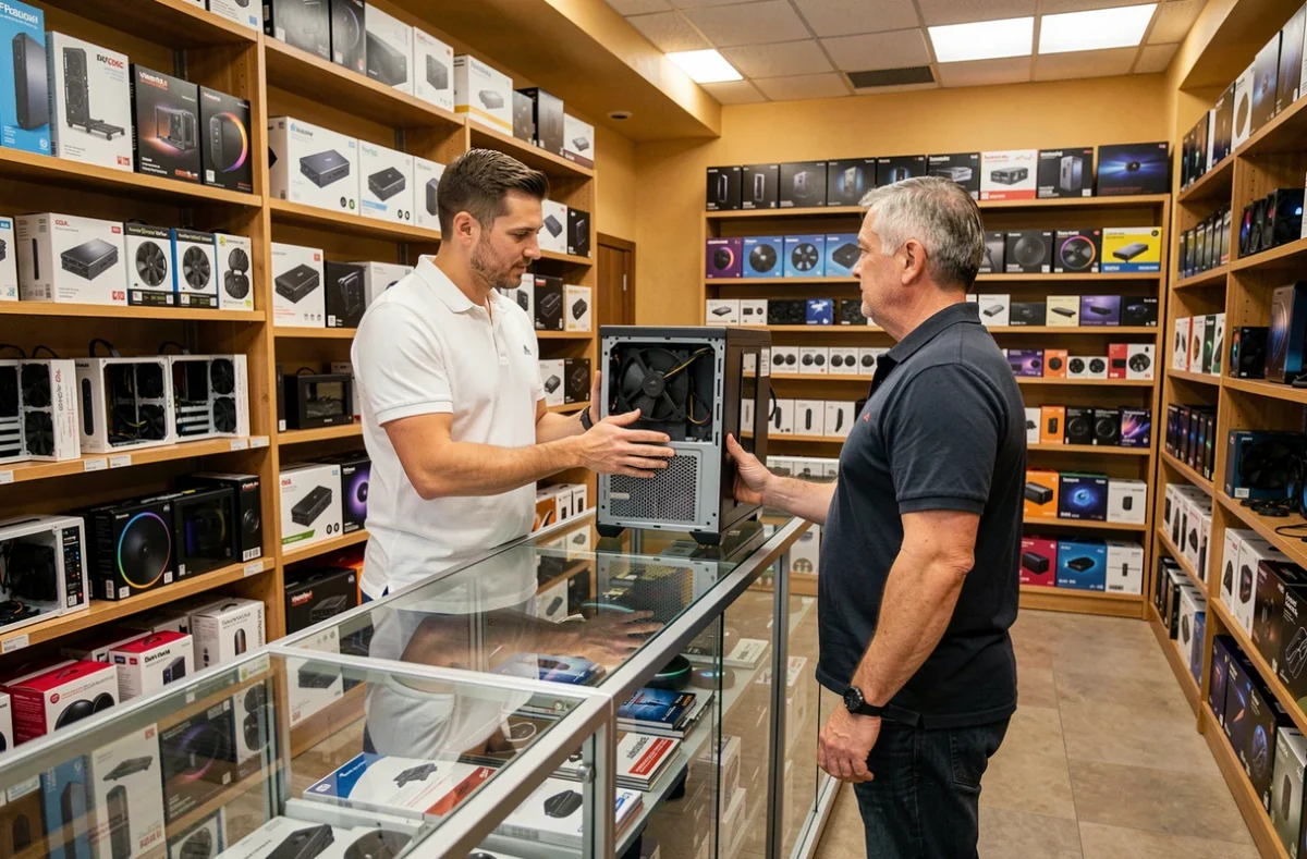 Technicien d'Espace PC présentant un ordinateur réparé à un client dans la boutique