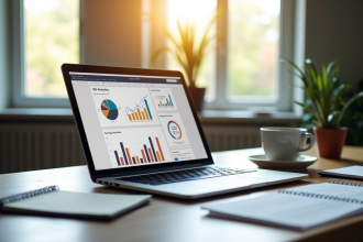 Espace de travail moderne avec un ordinateur affichant des analyses SEO