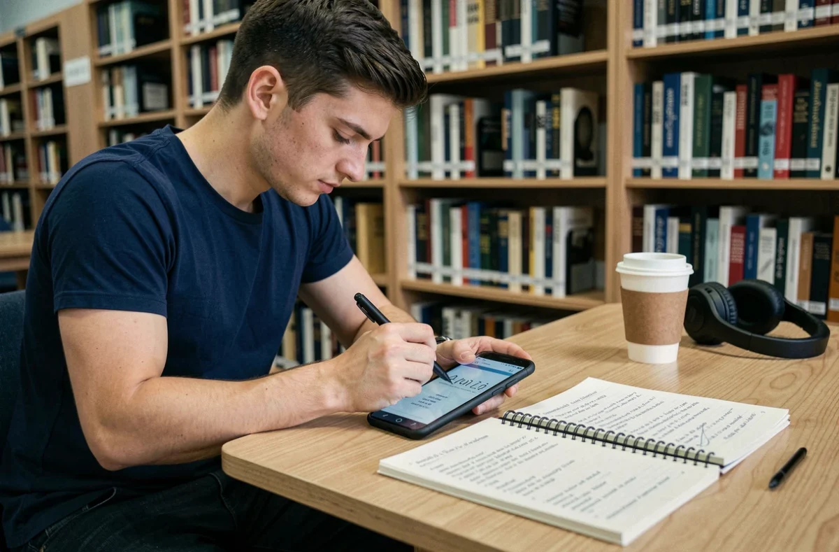 Étudiant prenant des notes sur un PDF avec un stylet sur smartphone Android dans une bibliothèque universitaire