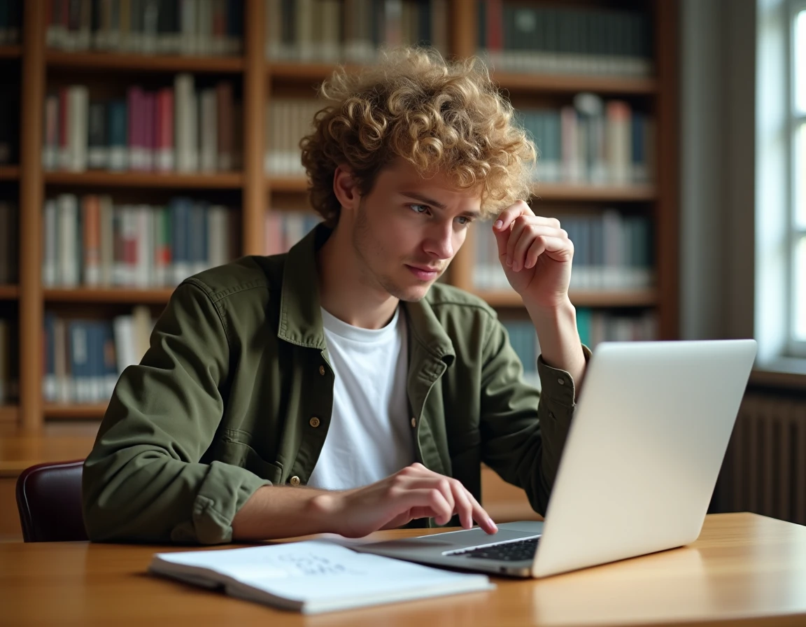 Étudiant en bibliothèque comparant la touche Maj et le verrouillage des majuscules sur son MacBook Air