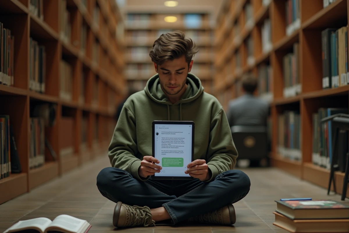 Étudiant universitaire français consultant une réponse ChatGPT en français sur une tablette dans une bibliothèque