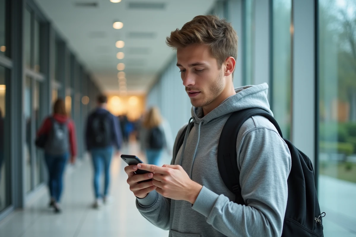 Étudiant consultant l'ENT sur smartphone dans un couloir de campus universitaire