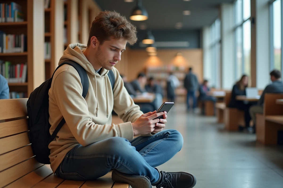 Étudiant utilisant son smartphone pour récupérer son mot de passe SOGo dans une bibliothèque universitaire à Lille