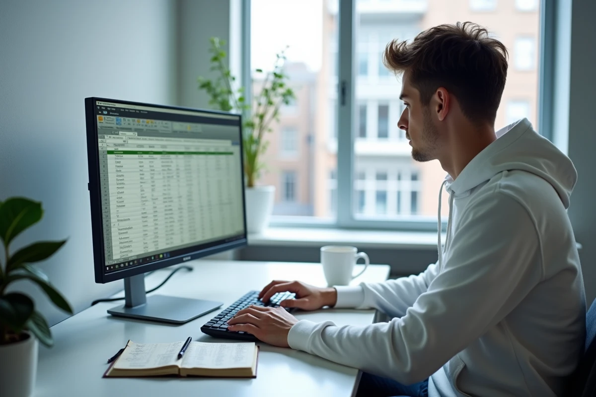 Étudiant universitaire saisissant des notes dans un tableau Excel pour calculer sa moyenne de performance