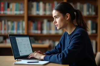 Étudiante utilisant l'ENT sur son ordinateur portable dans une bibliothèque universitaire