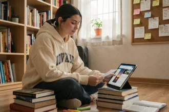 Étudiante lisant un PDF sur une tablette Android dans une chambre d'université avec des notes manuscrites et des surligneurs