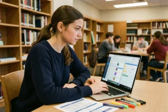 Étudiante utilisant Zimbra sur un ordinateur portable dans une bibliothèque universitaire pour organiser ses TD