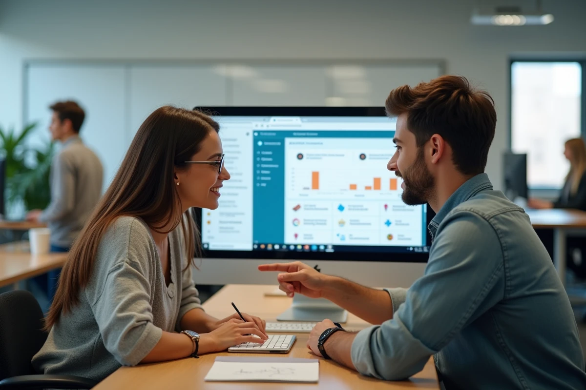 Deux étudiants collaborant sur un portail ENT dans un espace de travail universitaire moderne