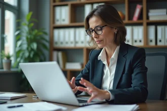 Femme d affaires en bureau examinant des documents