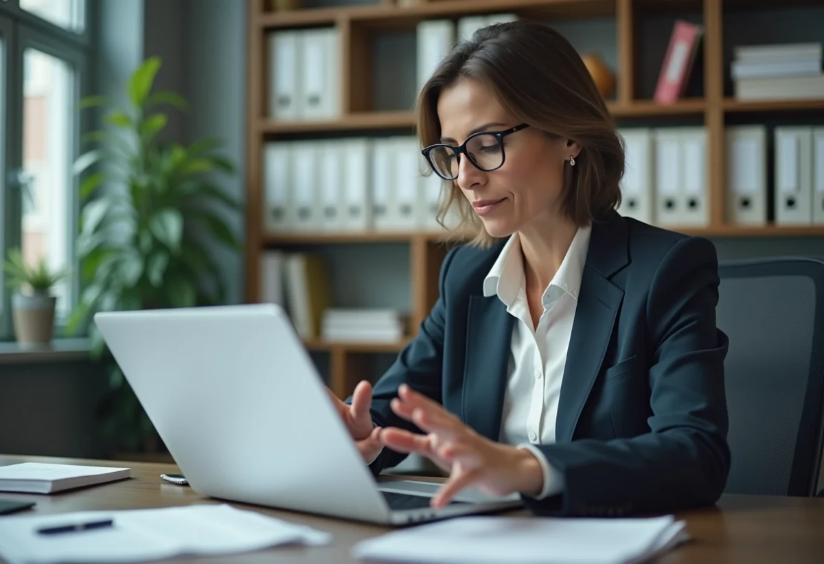 Femme d affaires en bureau examinant des documents