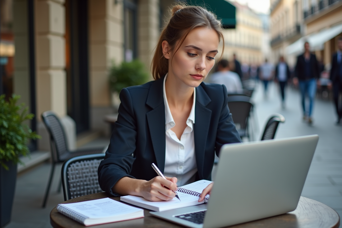 Jeune femme analysant des statistiques marketing en extérieur