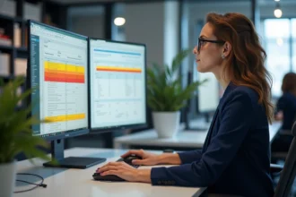 Femme en blazer bleu analysant des doublons entre deux feuilles Excel sur un grand écran de bureau en open space