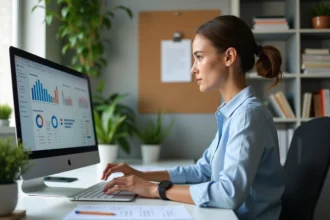 Femme concentrée analysant des graphiques sur son ordinateur