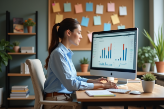 Jeune femme professionnelle analysant des données SEO dans son bureau