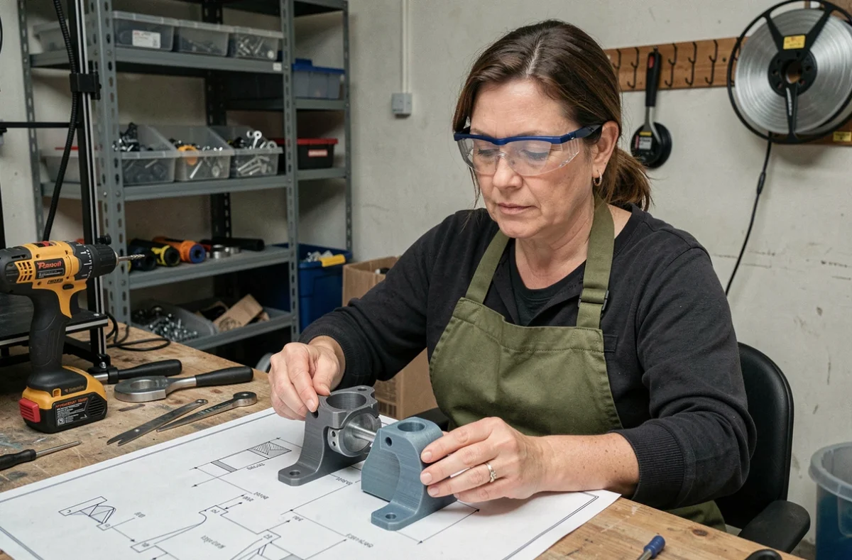 Femme bricoleure comparant une pièce imprimée en 3D avec un composant métallique original dans un garage atelier bien équipé