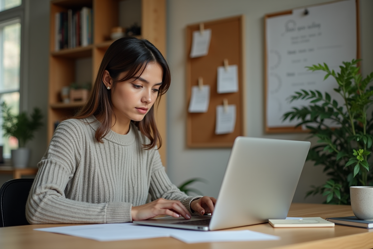 Femme concentrée travaillant sur son ordinateur dans un bureau lumineux