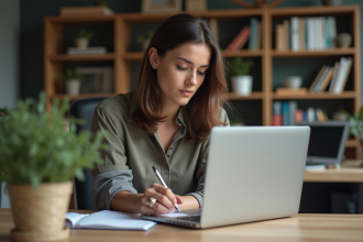 Jeune femme concentrée prenant des notes avec son ordinateur