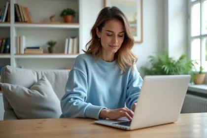 Jeune femme au bureau utilisant un MacBook dans un espace moderne
