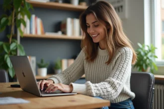 Femme au bureau avec ordinateur portable dans un espace cosy