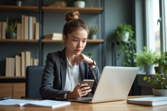 Jeune femme au bureau avec smartphone et ordinateur