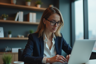 Femme en blazer au bureau moderne et hightech