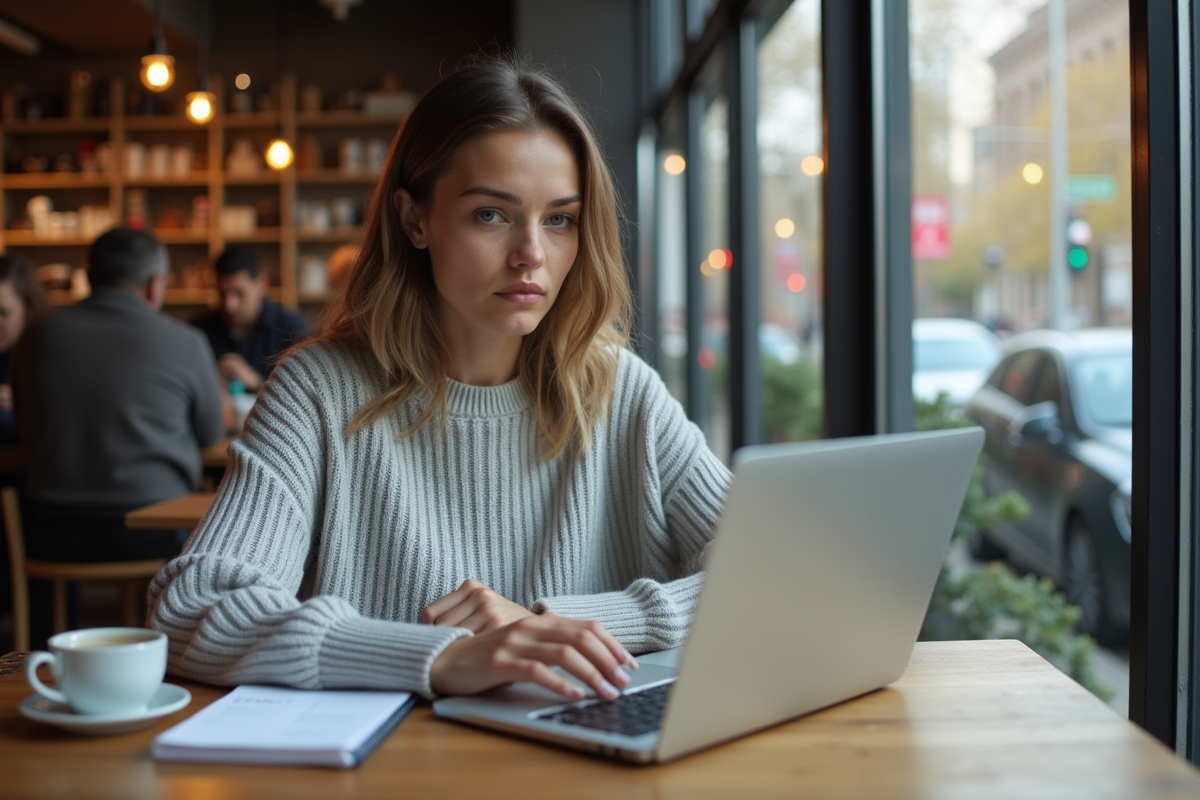 Jeune femme travaillant dans un café avec son ordinateur