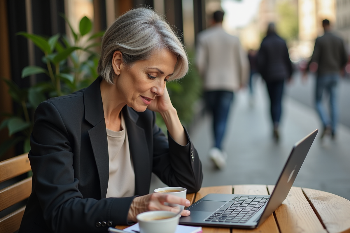 Femme au café analysant des transactions blockchain
