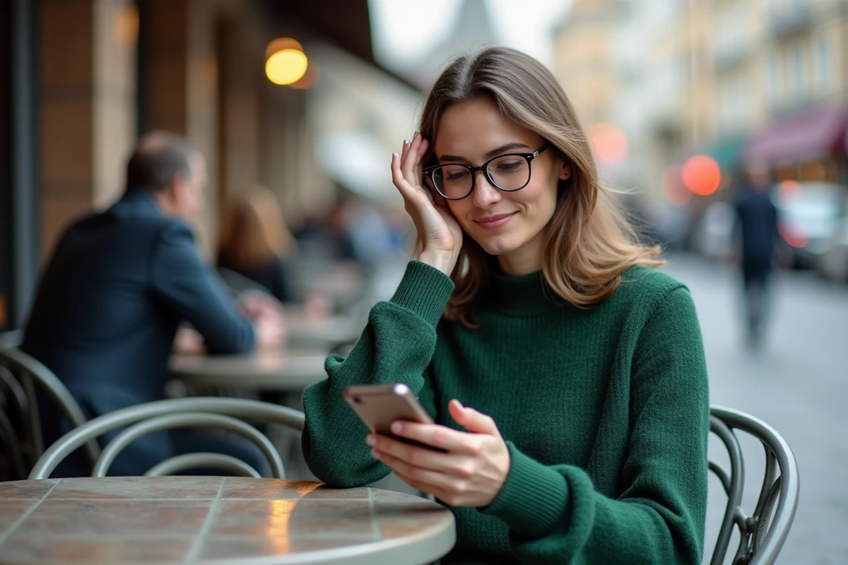 Femme utilisant son smartphone dans un café en extérieur