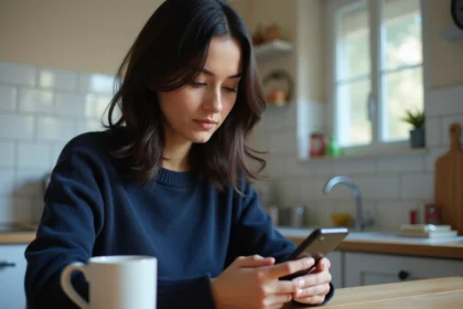 Femme consultant son compte Réglo Mobile sur smartphone pour changer de forfait