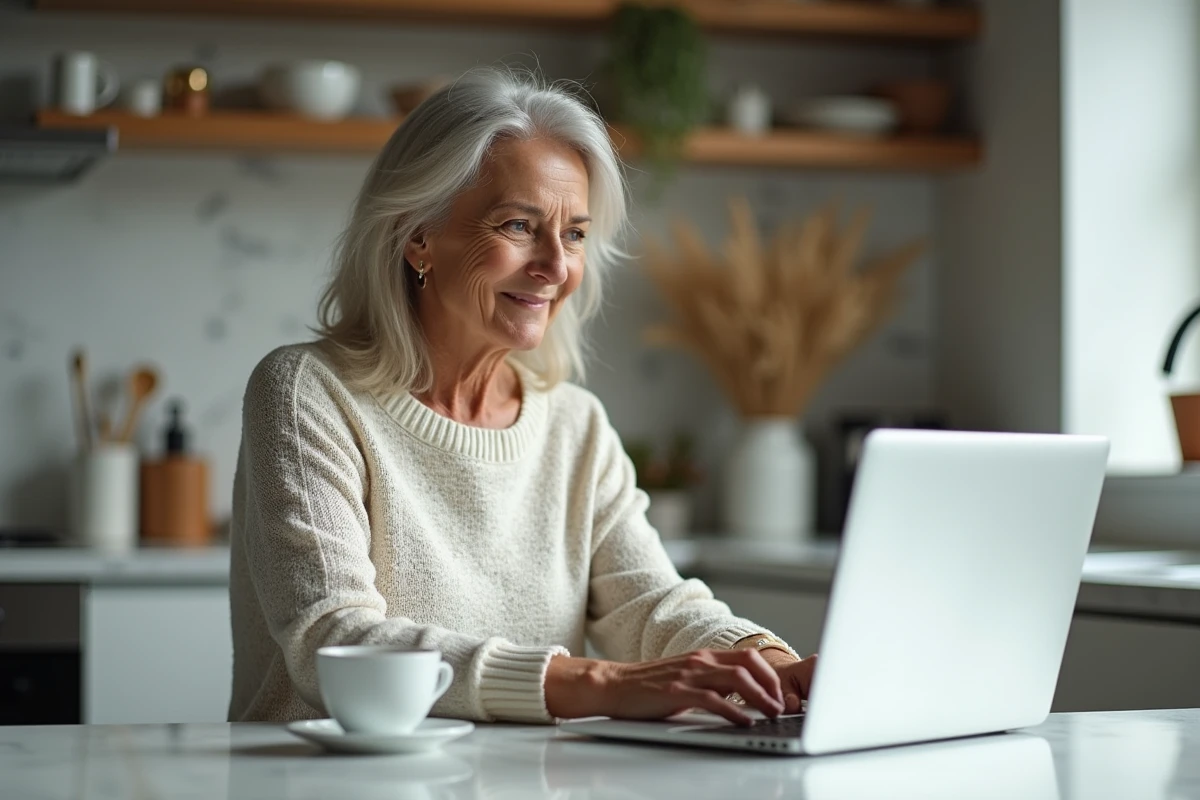 Femme change son mot de passe WiFi dans une cuisine ensoleillee