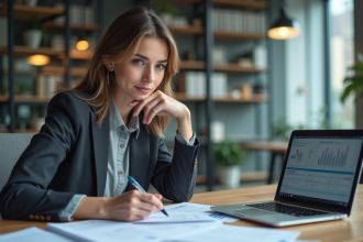 Femme réfléchissant dans un bureau moderne avec CRM