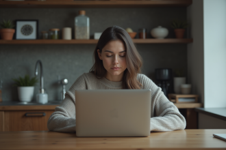 Jeune femme pensant devant un ordinateur portable