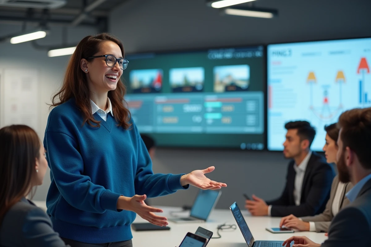 Femme en réunion expliquant des statistiques et memes