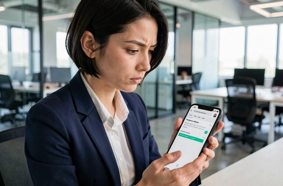 Femme dans un espace de coworking examinant avec méfiance une boîte de réception email temporaire sur son smartphone